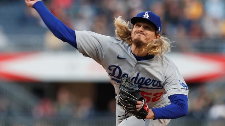 Apr 26, 2023; Pittsburgh, Pennsylvania, USA; Los Angeles Dodgers relief pitcher Phil Bickford (52) pitches against the Pittsburgh Pirates during the fourth inning at PNC Park. Mandatory Credit: Charles LeClaire-USA TODAY Sports
