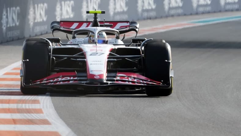 May 5, 2023; Miami Gardens, Florida, USA; Haas driver Nico Hulkenberg (27) of Germany races into turn 11 during the second practice at Miami International Autodrome. Mandatory Credit: Jasen Vinlove-USA TODAY Sports