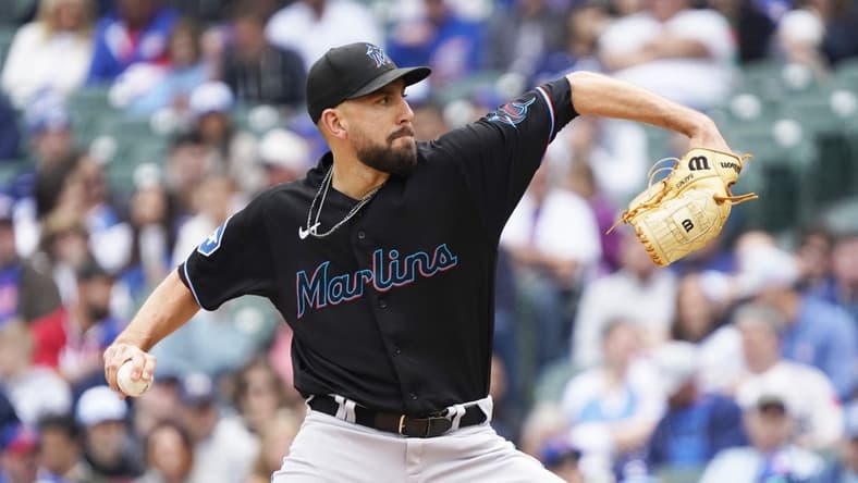 May 6, 2023; Chicago, Illinois, USA; Miami Marlins starting pitcher Matt Barnes (32) throws the ball against the Chicago Cubs during the first inning at Wrigley Field. Mandatory Credit: David Banks-USA TODAY Sports