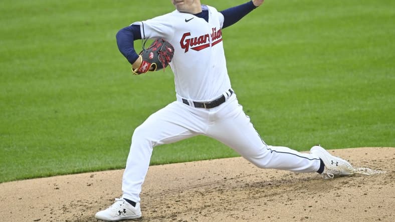 May 6, 2023; Cleveland, Ohio, USA; Cleveland Guardians starting pitcher Logan Allen (41) delivers against the Minnesota Twins in the third inning at Progressive Field. Mandatory Credit: David Richard-USA TODAY Sports