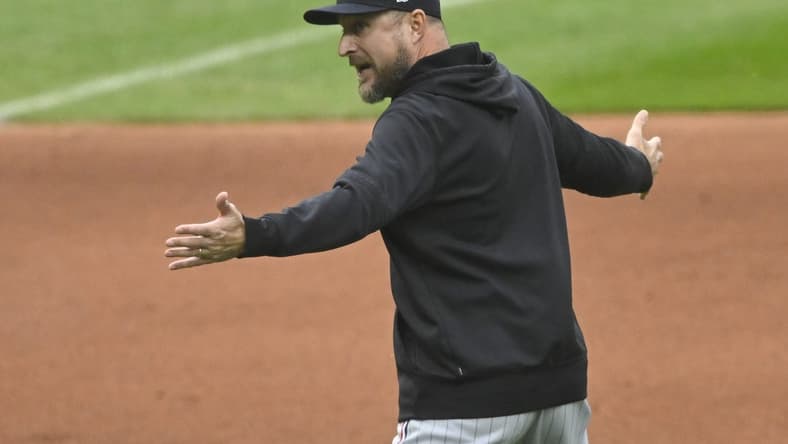May 6, 2023; Cleveland, Ohio, USA; Minnesota Twins manager Rocco Baldelli (5) reacts after being ejected in the fourth inning against the Cleveland Guardians at Progressive Field. Mandatory Credit: David Richard-USA TODAY Sports