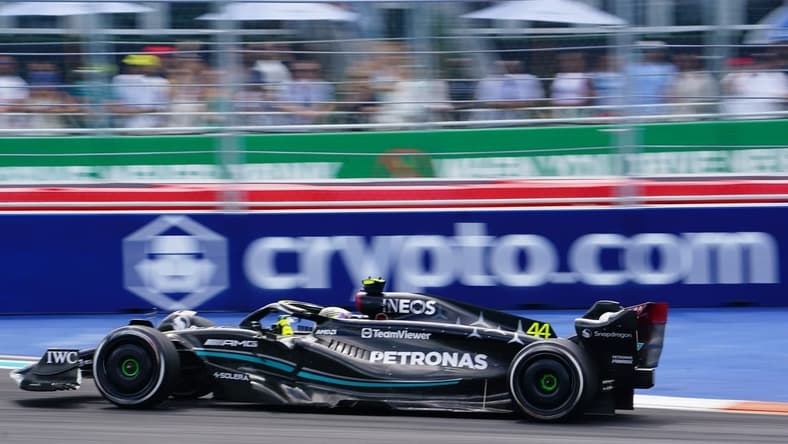 May 7, 2023; Miami Gardens, Florida, USA; Mercedes driver Lewis Hamilton (44) of Great Britain during the Miami Grand Prix at Miami International Autodrome. Mandatory Credit: John David Mercer-USA TODAY Sports