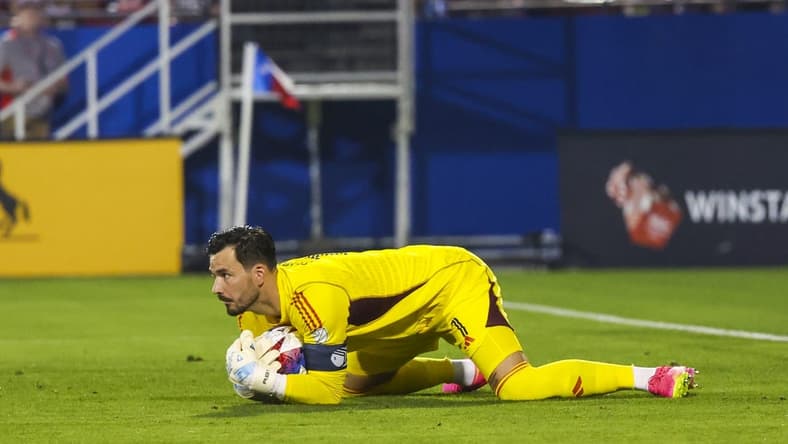 May 6, 2023; Frisco, Texas, USA;  St. Louis City goalkeeper Roman Burki (1) controls the ball during the game against FC Dallas at Toyota Stadium. Mandatory Credit: Kevin Jairaj-USA TODAY Sports