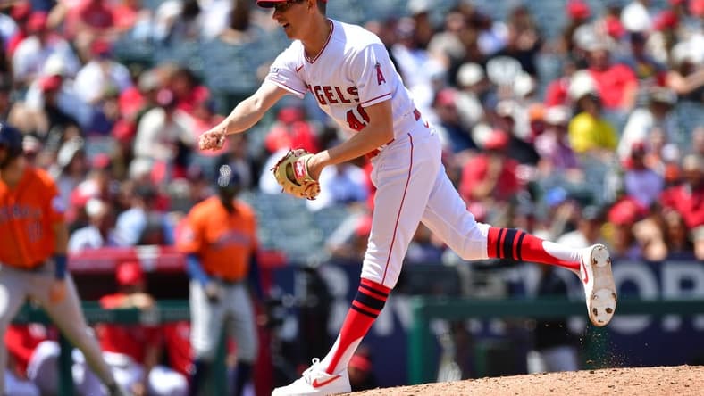 May 10, 2023; Anaheim, California, USA; Los Angeles Angels relief pitcher Jimmy Herget (46) throws against the Houston Astros during the fourth inning at Angel Stadium. Mandatory Credit: Gary A. Vasquez-USA TODAY Sports