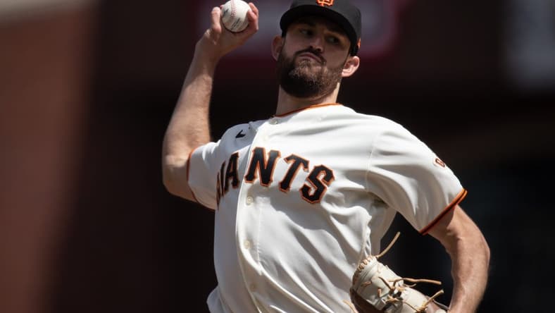 May 10, 2023; San Francisco, California, USA; San Francisco Giants pitcher Tristan Beck (43) delivers a pitch against the Washington Nationals during the seventh inning at Oracle Park. Mandatory Credit: D. Ross Cameron-USA TODAY Sports