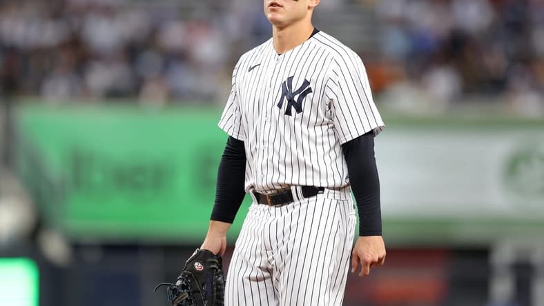 May 11, 2023; Bronx, New York, USA; New York Yankees first baseman Anthony Rizzo (48) reacts after committing an error on a ground ball by Tampa Bay Rays right fielder Josh Lowe (not pictured) during the fifth inning at Yankee Stadium. Mandatory Credit: Brad Penner-USA TODAY Sports