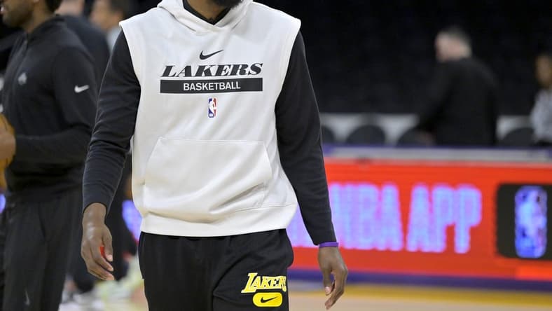 May 12, 2023; Los Angeles, California, USA; Los Angeles Lakers guard Malik Beasley (5) warms up prior to game six of the 2023 NBA playoffs against the Golden State Warriors at Crypto.com Arena. Mandatory Credit: Jayne Kamin-Oncea-USA TODAY Sports