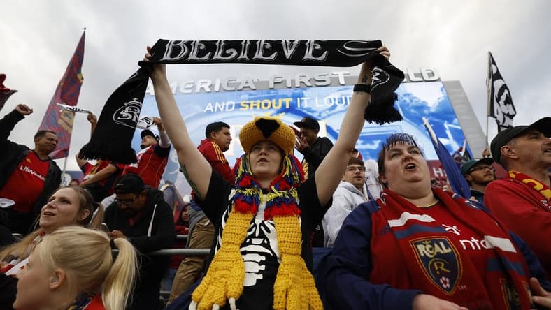 May 13, 2023; Sandy, Utah, USA; Real Salt Lake fans show their spirit against the Los Angeles FC at America First Field. Mandatory Credit: Jeff Swinger-USA TODAY Sports