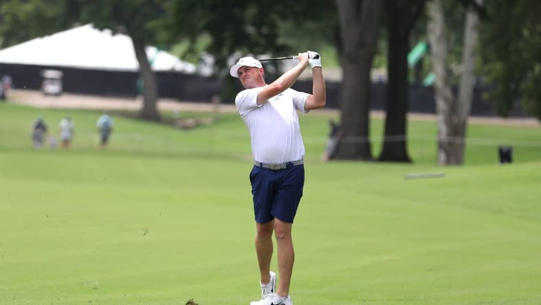May 14, 2023; Tulsa, Oklahoma, USA; Jason Kokrak hits from the fairway during the final round of a LIV Golf event at Cedar Ridge Country Club. Mandatory Credit: Joey Johnson-USA TODAY Sports