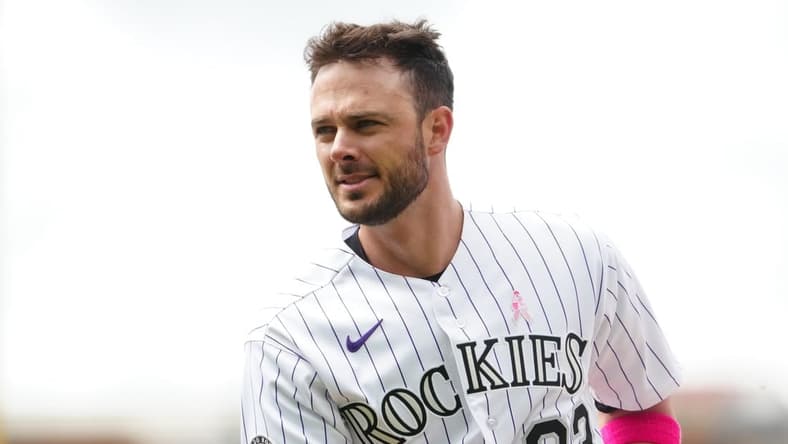 May 14, 2023; Denver, Colorado, USA; Colorado Rockies right fielder Kris Bryant (23) during the sixth inning against the Philadelphia Phillies at Coors Field. Mandatory Credit: Ron Chenoy-USA TODAY Sports