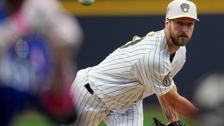 May 14, 2023; Milwaukee, Wisconsin, USA; Milwaukee Brewers starting pitcher Colin Rea (48) throws during the first inning of their game against the Kansas City Royals at American Family Field. Mandatory Credit: Mark Hoffman-USA TODAY Sports