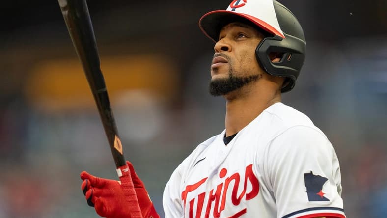 May 12, 2023; Minneapolis, Minnesota, USA; Minnesota Twins designated hitter Byron Buxton (25) heads to the plate in the first inning against the Chicago Cubs at Target Field. Mandatory Credit: Matt Blewett-USA TODAY Sports
