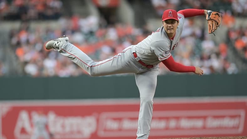 May 15, 2023; Baltimore, Maryland, USA; Los Angeles Angels starting pitcher Shohei Ohtani (17) delivers a pitch during the game against the Baltimore Orioles at Oriole Park at Camden Yards. Mandatory Credit: Tommy Gilligan-USA TODAY Sports