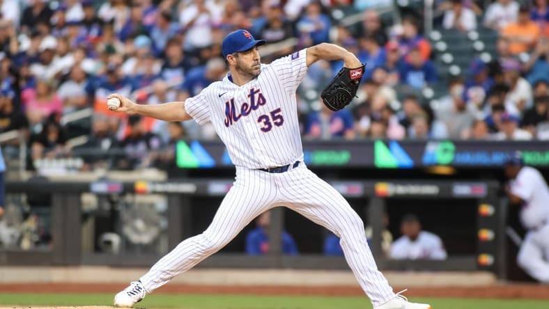 May 16, 2023; New York City, New York, USA; New York Mets starting pitcher Justin Verlander (35) pitches in the first inning against the Tampa Bay Rays at Citi Field. Mandatory Credit: Wendell Cruz-USA TODAY Sports