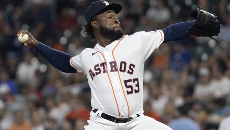 May 16, 2023; Houston, Texas, USA; Houston Astros starting pitcher Cristian Javier (53) pitches against the Chicago Cubs in the first inning at Minute Maid Park. Mandatory Credit: Thomas Shea-USA TODAY Sports