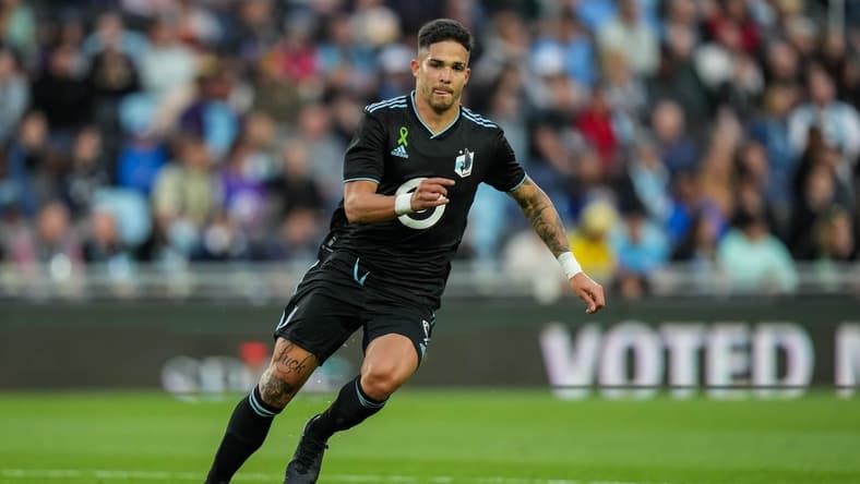 May 17, 2023; Saint Paul, Minnesota, USA; Minnesota United forward Luis Amarilla (9) dribbles during the first half against Houston Dynamo at Allianz Field. Mandatory Credit: Brace Hemmelgarn-USA TODAY Sports