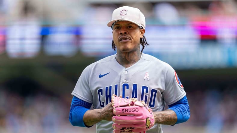 May 14, 2023; Minneapolis, Minnesota, USA; Chicago Cubs starting pitcher Marcus Stroman (0) exits the game against the Minnesota Twins at Target Field. Mandatory Credit: Matt Blewett-USA TODAY Sports