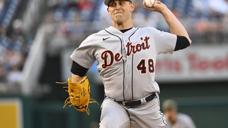 May 19, 2023; Washington, District of Columbia, USA; Detroit Tigers starting pitcher Matthew Boyd (48) throws to the Washington Nationals during the first inning at Nationals Park. Mandatory Credit: Brad Mills-USA TODAY Sports