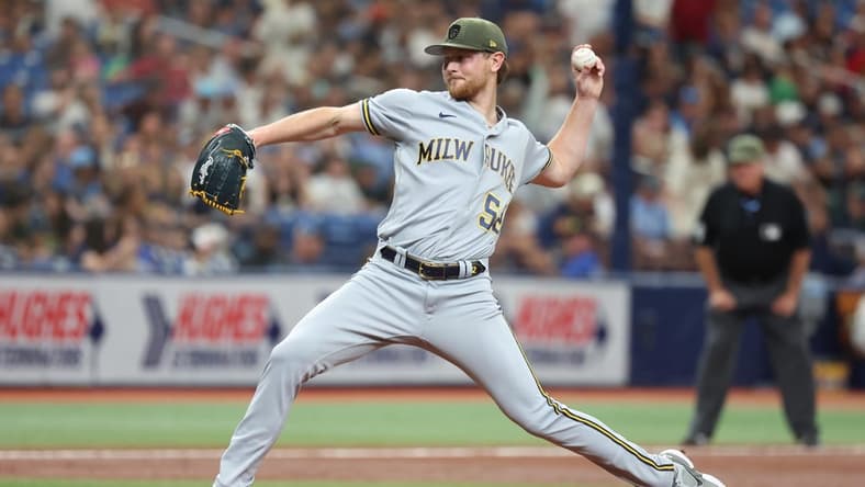 May 20, 2023; St. Petersburg, Florida, USA; Milwaukee Brewers starting pitcher Eric Lauer (52) throws a pitch second inning against the Tampa Bay Rays at Tropicana Field. Mandatory Credit: Kim Klement-USA TODAY Sports