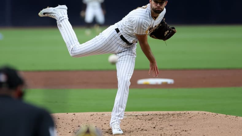 May 15, 2023; San Diego, California, USA; San Diego Padres starting pitcher Michael Wacha (52) throws a pitch against the Kansas City Royals at Petco Park. Mandatory Credit: Kiyoshi Mio-USA TODAY Sports