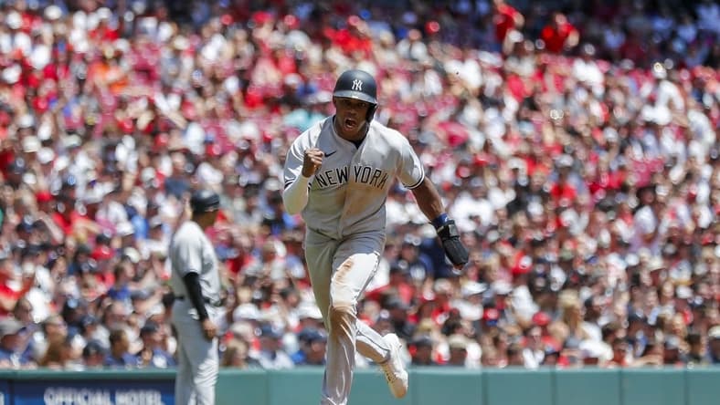 May 21, 2023; Cincinnati, Ohio, USA; New York Yankees pinch runner Greg Allen (30) scores on a double by shortstop Anthony Volpe (not pictured) in the seventh inning against the Cincinnati Reds at Great American Ball Park. Mandatory Credit: Katie Stratman-USA TODAY Sports