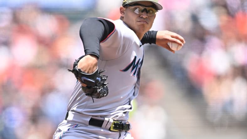 May 21, 2023; San Francisco, California, USA; Miami Marlins starting pitcher Jesus Luzardo (44) throws a pitch against the San Francisco Giants during the first inning at Oracle Park. Mandatory Credit: Robert Edwards-USA TODAY Sports