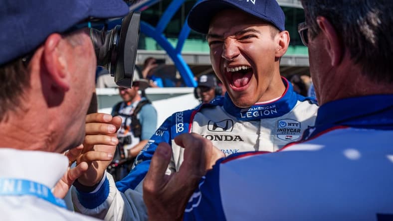 May 21, 2023; Indianapolis, Indiana, USA; Chip Ganassi Racing driver Alex Palou (10) reacts after earning the pole position Sunday, May 21, 2023, after Firestone Fast Six qualifying at Indianapolis Motor Speedway in preparation for the 107th running of the Indianapolis 500. Mandatory Credit: Mykal McEldowney-USA TODAY Sports