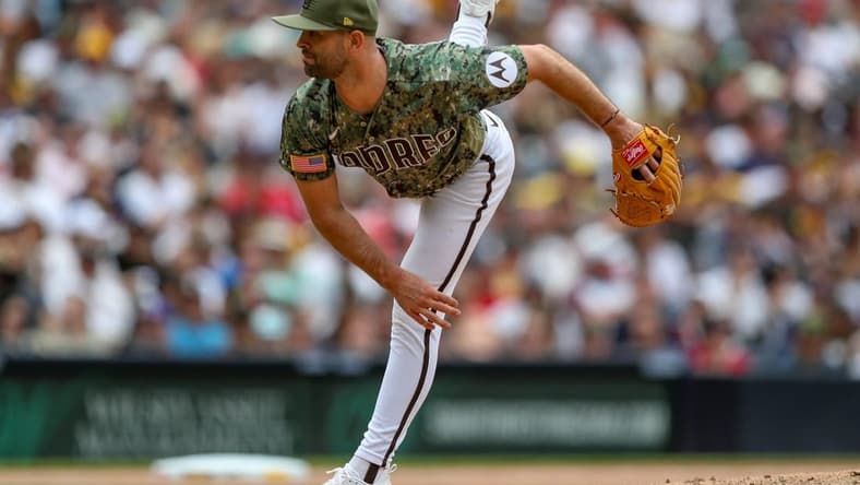 May 21, 2023; San Diego, California, USA; San Diego Padres starting pitcher Nick Martinez (21) throws a pitch in the eighth inning against the Boston Red Sox at Petco Park. Mandatory Credit: David Frerker-USA TODAY Sports
