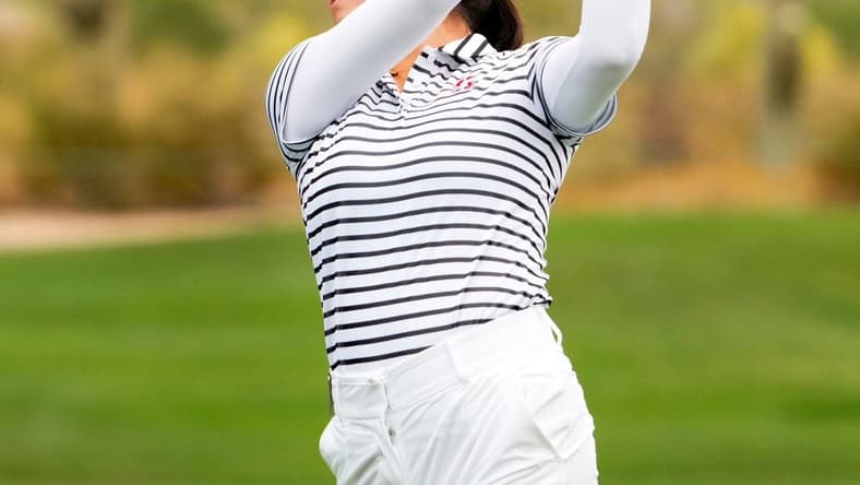 Rose Zhang from Stanford plays her tee shot on the 10th hole during the first day of stroke play competition at the NCAA Division I Women's Golf Championships at Grayhawk Golf Club in Scottsdale on May 19, 2023.