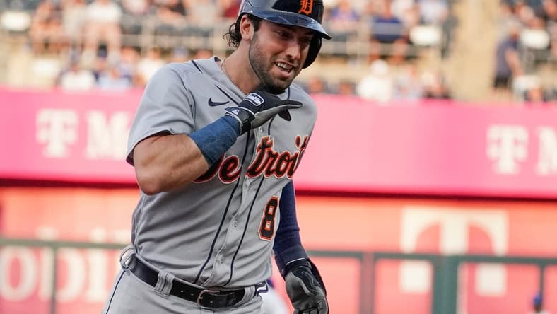 May 22, 2023; Kansas City, Missouri, USA; Detroit Tigers right fielder Matt Vierling (8) celebrates while running the bases against the Kansas City Royals after hitting a two-run home run in the third inning at Kauffman Stadium. Mandatory Credit: Denny Medley-USA TODAY Sports