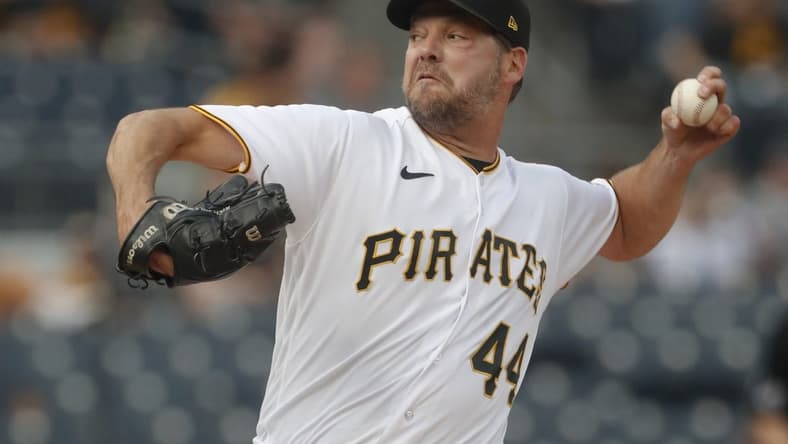 May 23, 2023; Pittsburgh, Pennsylvania, USA; Pittsburgh Pirates starting pitcher Rich Hill (44) delivers a pitch against the Texas Rangers during the first inning at PNC Park. Mandatory Credit: Charles LeClaire-USA TODAY Sports