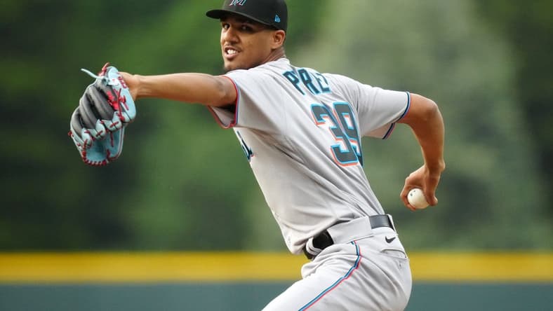 May 23, 2023; Denver, Colorado, USA; Miami Marlins starting pitcher Eury Perez (39) delivers a pitch in the first inning against the Colorado Rockies at Coors Field. Mandatory Credit: Ron Chenoy-USA TODAY Sports
