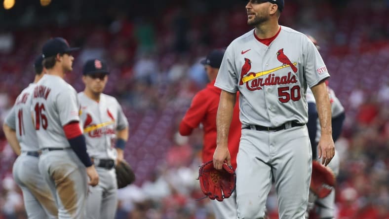 May 23, 2023; Cincinnati, Ohio, USA; St. Louis Cardinals starting pitcher Adam Wainwright (50) walks from the mound leaving the game against the Cincinnati Reds during the sixth inning at Great American Ball Park. Mandatory Credit: David Kohl-USA TODAY Sports