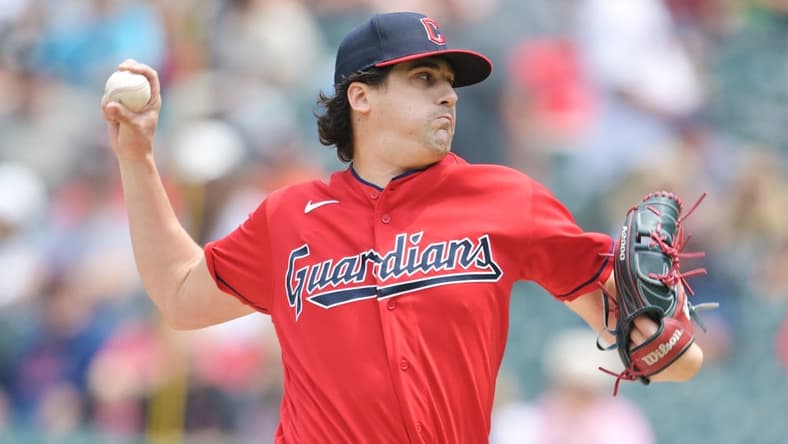 May 24, 2023; Cleveland, Ohio, USA; Cleveland Guardians starting pitcher Cal Quantrill (47) throws a pitch during the first inning against the Chicago White Sox at Progressive Field. Mandatory Credit: Ken Blaze-USA TODAY Sports