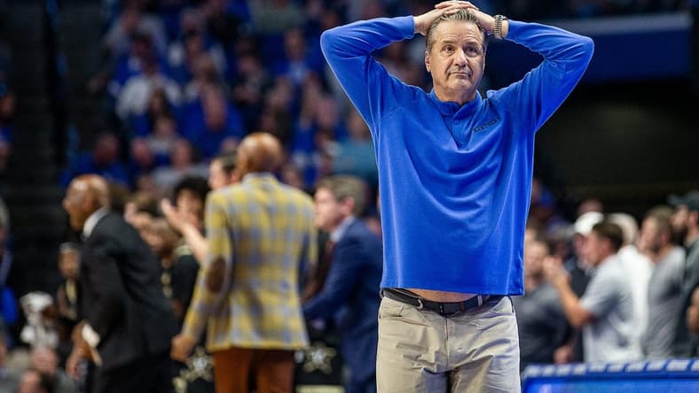 Kentucky head coach John Calipari put his hands on his head in frustration as the Wildcats faced off against Vanderbilt at Rupp Arena on March 1, 2023. Kentucky fell to Vandy 68-66.