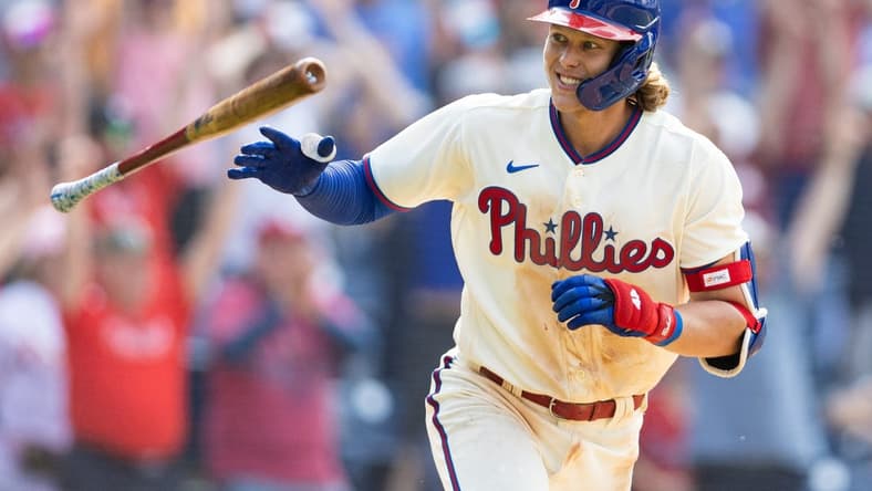 May 24, 2023; Philadelphia, Pennsylvania, USA; Philadelphia Phillies first baseman Alec Bohm (28) reacts while running to first base for a game winning walk off RBI single in the tenth inning against the Arizona Diamondbacks at Citizens Bank Park. Mandatory Credit: Bill Streicher-USA TODAY Sports
