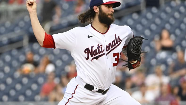 May 24, 2023; Washington, District of Columbia, USA; Washington Nationals starting pitcher Trevor Williams (32) throws to the San Diego Padres during the first inning at Nationals Park. Mandatory Credit: Brad Mills-USA TODAY Sports