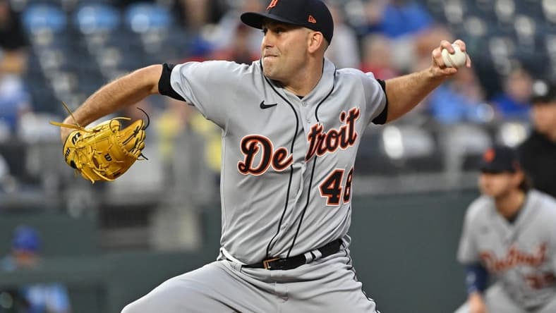 May 24, 2023; Kansas City, Missouri, USA; Detroit Tigers starting pitcher Matthew Boyd (48) delivers a pitch during the first inning against the Kansas City Royals at Kauffman Stadium. Mandatory Credit: Peter Aiken-USA TODAY Sports