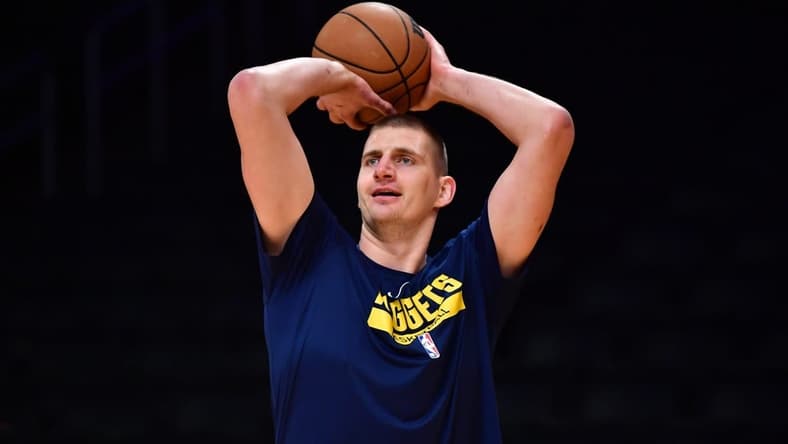 May 22, 2023; Los Angeles, California, USA; Denver Nuggets center Nikola Jokic (15) practices before playing against the Los Angeles Lakers in game four of the Western Conference Finals for the 2023 NBA playoffs at Crypto.com Arena. Mandatory Credit: Gary A. Vasquez-USA TODAY Sports