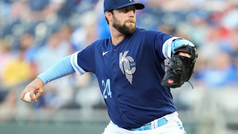 May 26, 2023; Kansas City, Missouri, USA; Kansas City Royals starting pitcher Jordan Lyles (24) pitches during the first inning against the Washington Nationals at Kauffman Stadium. Mandatory Credit: Jay Biggerstaff-USA TODAY Sports