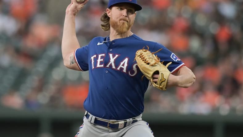 May 26, 2023; Baltimore, Maryland, USA; Texas Rangers starting pitcher Jon Gray (22) throws a third inning pitch against the Baltimore Orioles at Oriole Park at Camden Yards. Mandatory Credit: Tommy Gilligan-USA TODAY Sports