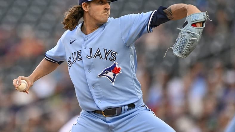 May 26, 2023; Minneapolis, Minnesota, USA;  Toronto Blue Jays pitcher Kevin Gausman (34) delivers a pitch against the Minnesota Twins during the first inning at Target Field. Mandatory Credit: Nick Wosika-USA TODAY Sports