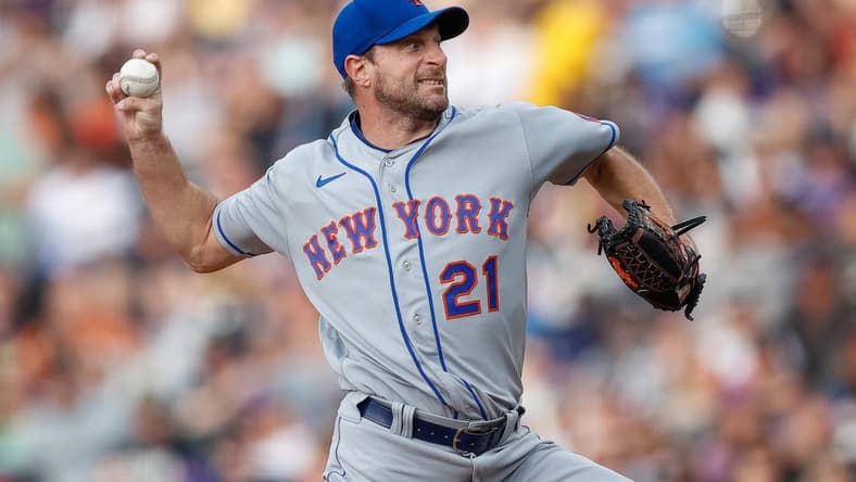 May 26, 2023; Denver, Colorado, USA; New York Mets starting pitcher Max Scherzer (21) pitches in the second inning against the Colorado Rockies at Coors Field. Mandatory Credit: Isaiah J. Downing-USA TODAY Sports