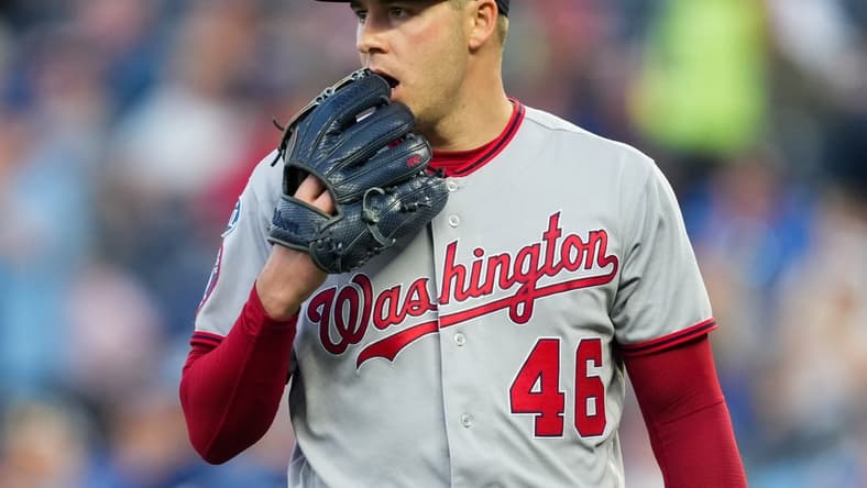 May 26, 2023; Kansas City, Missouri, USA; Washington Nationals starting pitcher Patrick Corbin (46) reacts after giving up a run during the fourth inning against the Kansas City Royals at Kauffman Stadium. Mandatory Credit: Jay Biggerstaff-USA TODAY Sports