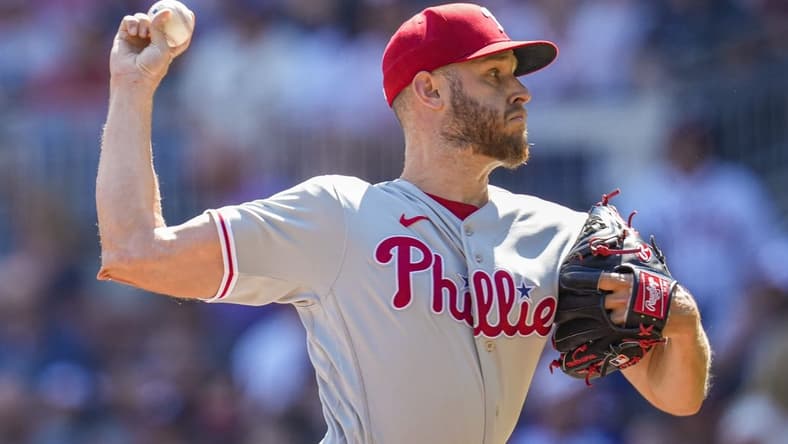 May 27, 2023; Cumberland, Georgia, USA; Philadelphia Phillies starting pitcher Zack Wheeler (45) pitches against the Atlanta Braves during the first inning at Truist Park. Mandatory Credit: Dale Zanine-USA TODAY Sports