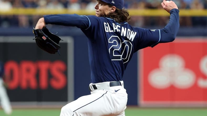 May 27, 2023; St. Petersburg, Florida, USA; Tampa Bay Rays starting pitcher Tyler Glasnow (20) throws a pitch during the second inning against the Los Angeles Dodgers at Tropicana Field. Mandatory Credit: Kim Klement-USA TODAY Sports