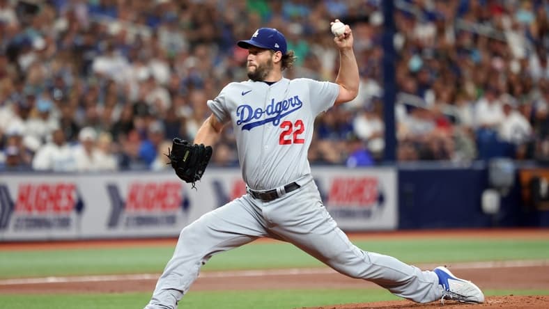 May 27, 2023; St. Petersburg, Florida, USA; Los Angeles Dodgers starting pitcher Clayton Kershaw (22) throws a pitch during the second inning against the Tampa Bay Rays at Tropicana Field. Mandatory Credit: Kim Klement-USA TODAY Sports