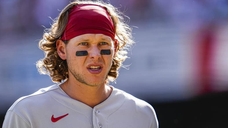 May 27, 2023; Cumberland, Georgia, USA; Philadelphia Phillies third baseman Alec Bohm (28) shown on the field against the Atlanta Braves at Truist Park. Mandatory Credit: Dale Zanine-USA TODAY Sports