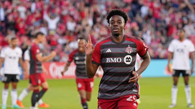May 27, 2023; Toronto, Ontario, CAN; Toronto FC forward Deandre Kerr (29) celebrates after scoring a goal against D.C. United during the first half at BMO Field. Mandatory Credit: Nick Turchiaro-USA TODAY Sports