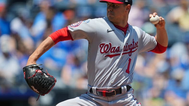 May 28, 2023; Kansas City, Missouri, USA; Washington Nationals starting pitcher MacKenzie Gore (1) pitches during the first inning against the Kansas City Royals at Kauffman Stadium. Mandatory Credit: Jay Biggerstaff-USA TODAY Sports